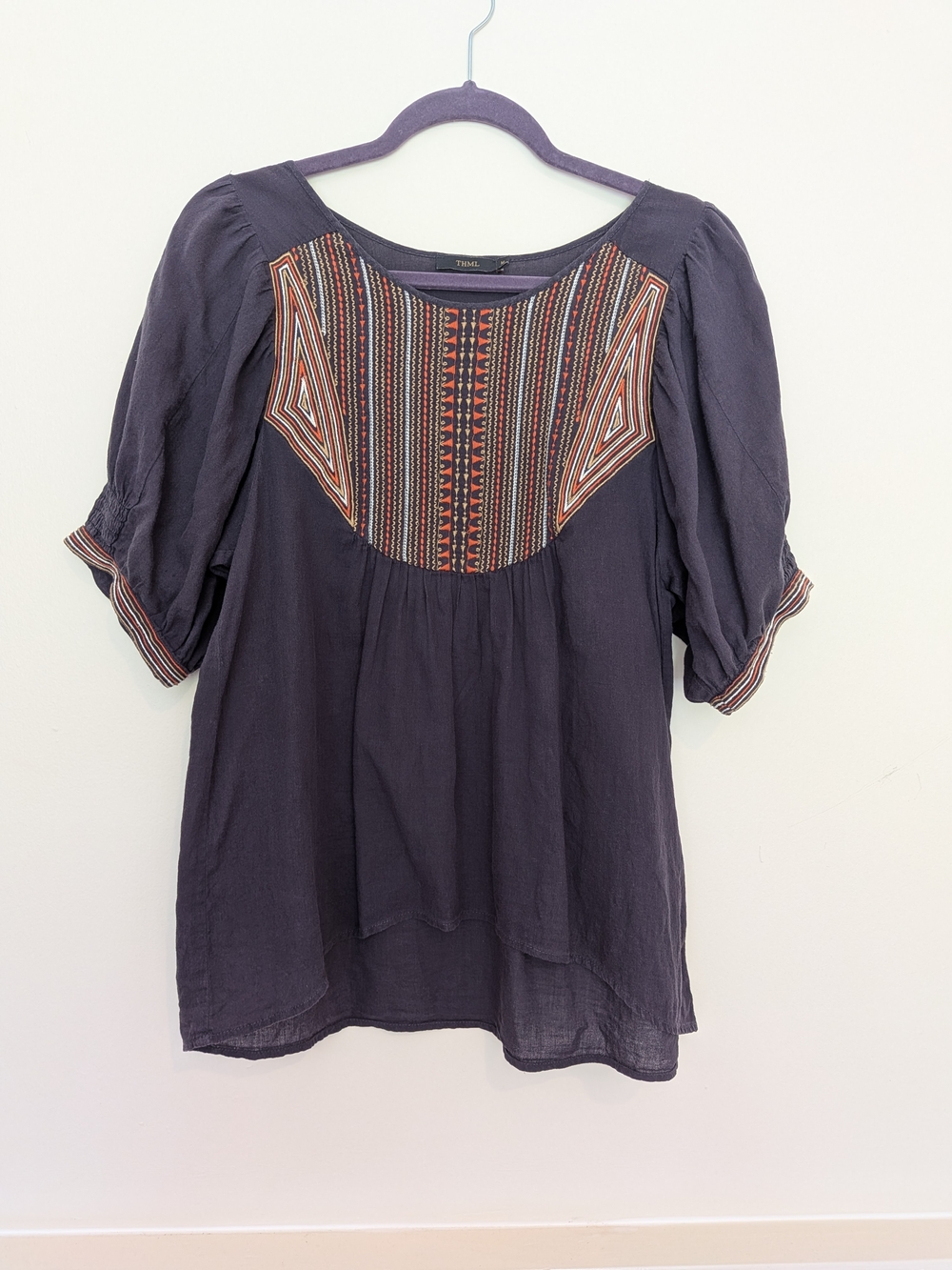 THML Navy Embroidered Yoke Peasant Blouse, Sz. Medium